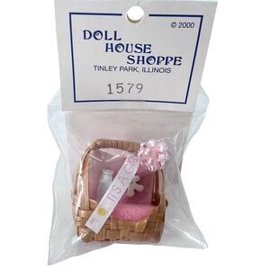 Vintage It's a Girl Wicker Baby Gift Basket Pink Dollhouse Miniature 1:12 NEW